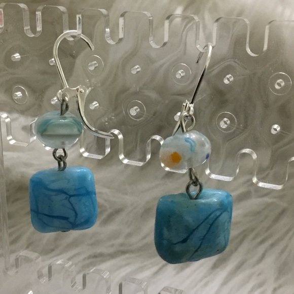 Handmade Blue floral glass earrings - Picture 3 of 5